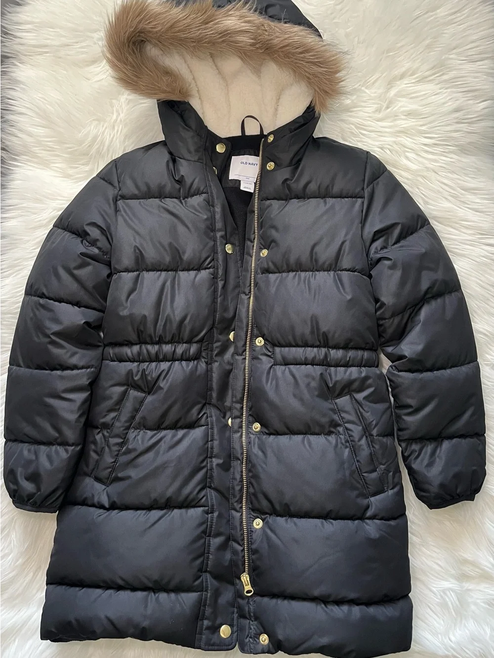Old Navy Black Hooded Faux-Fur Trim Puffer Coat size 10-12 kids